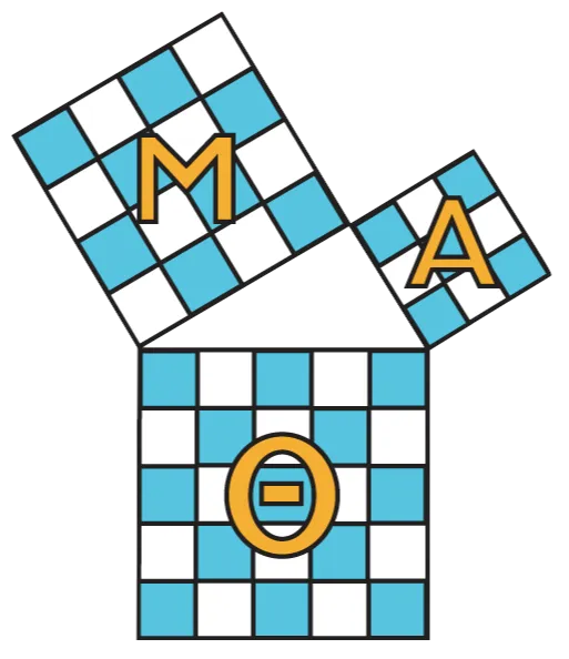 Pythagorean-theorem illustration spelling Mu Alpha Theta (MAΘ) across the three squares